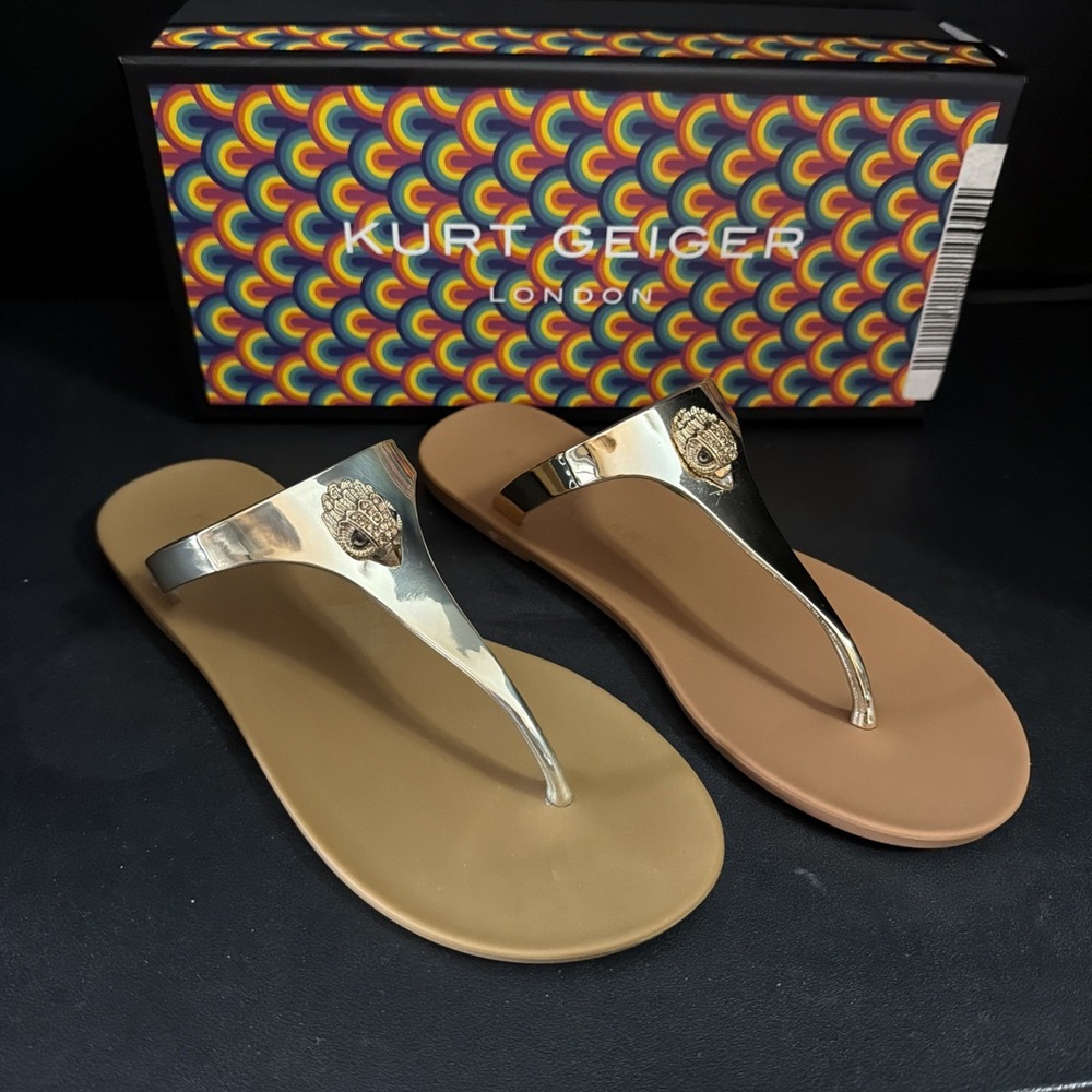 Kurt Geiger London Maddison T-Bar Gold/Bronze Summer Sandals Sz US 6, EU 36 NIB - Picture 2 of 11